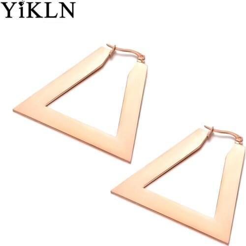 YiKLN OL Style Rose Gold Stainless Steel Jewelry Hollowed Out Triangular Hoop Earrings For Women Party Gifts Brincos YE18066