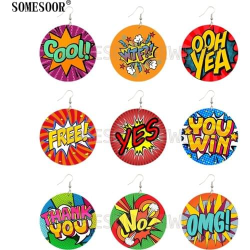 SOMESOOR Jewelry 15 Types Cool Bubble Text Pop Art Retro Style Wooden Both Sides Print Round Earrings For Women Gifts