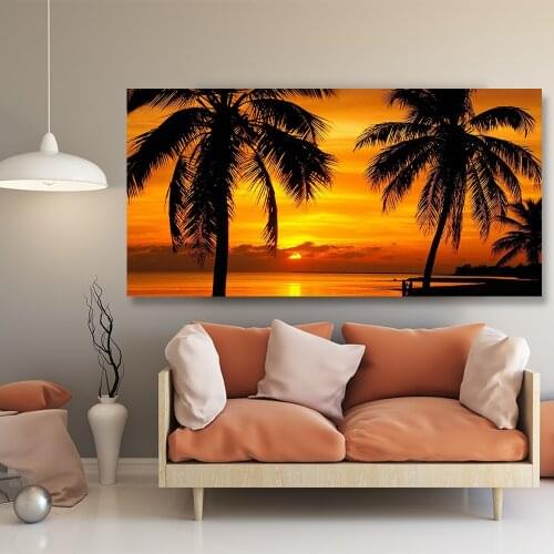 Sunset Beach Seascape Coconut tree Picture Wall Art Canvas Painting 5 Panels Print Poster Ocean landscape Living Room Home Decor