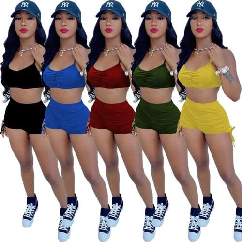 Sexy Drawstring Short Tracksuit Women Summer Casual Solid Sportswear Vest Crop Top + Ruched Biker Shorts Two Piece Set Outfits