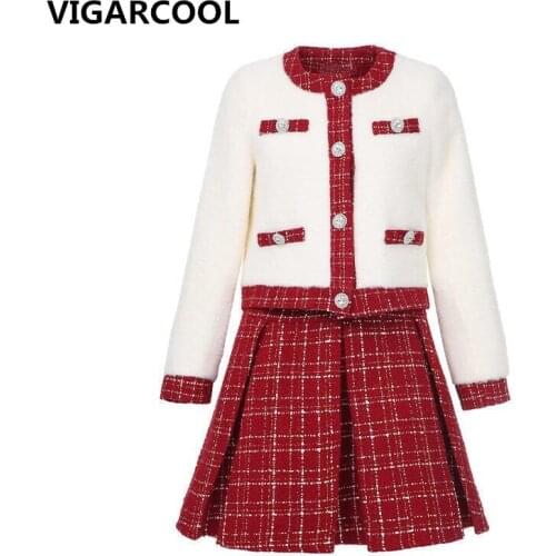 Ladies style small incense Skirt Suit Female Autumn Winter new Temperament red woolen Coat + plaid short Skirt two-piece Suit