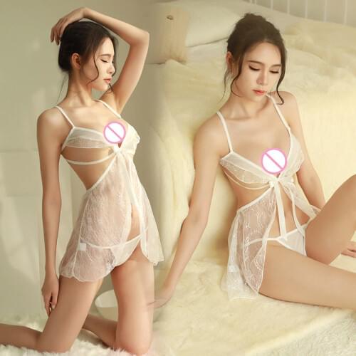 2018 Women White Sexy Deep V Lace Net Yarn Lingerie Cut Out Backless Erotic Temptation See Through Sleepwear Full Slips