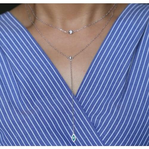 Real 925 sterling silver Evil Eye enamel charm with two cz choker Necklaces For Women long tassel pendant Layered Y Necklace