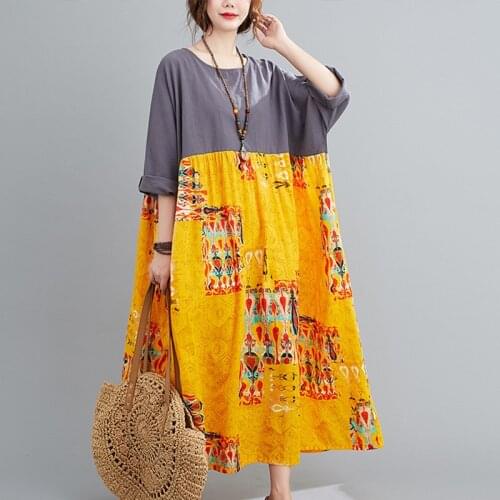 Wrist Sleeve Autumn Dress Plus Size 5XL 6XL Loose Women Casual Spring Dress Patchwork Print Floral Cotton Linen Vintage Dress