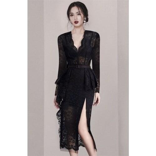 Elegant Ladies Party Dress Ruffles Pencil Black Lace Dress Women Long Sleeve V-neck High Waist Split Sexy Dresses With Belt