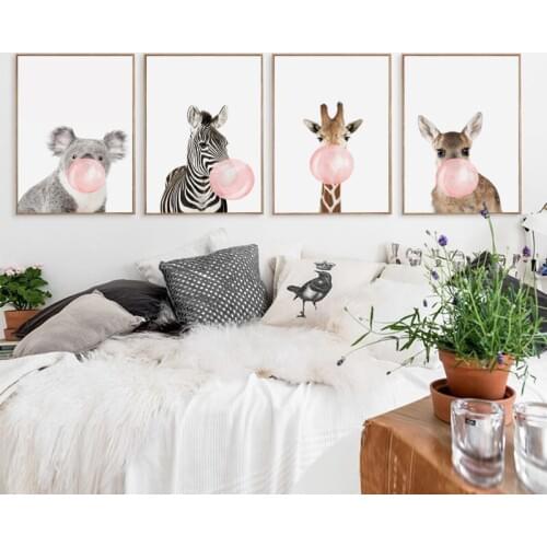 Bubble Chewing Gum Giraffe Zebra Animal Posters Canvas Art Painting Wall Art Nursery Decorative Picture Nordic Style Kids Decor