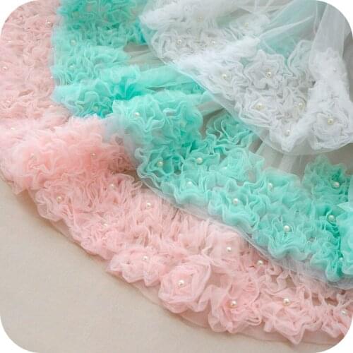 1Yard Childrens Clothing 3D Net Yarn Drape Lace Bubble Skirt White Ruffle Mesh Lace Trim Accessories Pleats Beaded Lace Fabric