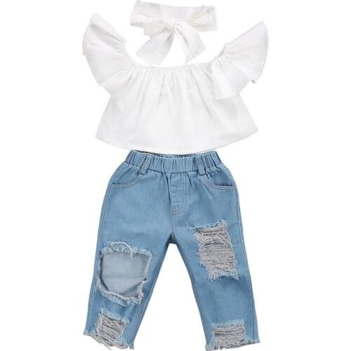Fashion Toddler Baby Girls Kids Clothing Sets Cotton Off Shoulder Tops Denim Pants Jeans Headband 3Pcs Kids Clothes Set Outfits