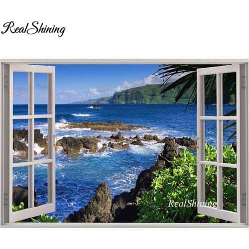DIY Diamond Embroidery Window sea Spa 5d Full Square round Drill Diamond Painting,Cross Stitch,For Living Room Decor FS4989