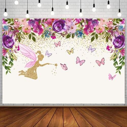 Avezano Birthday Party Backdrop Golden Glitter Fairy Flowers Butterfly Girl Photography Backgrounds Photo Studio Photocall Decor