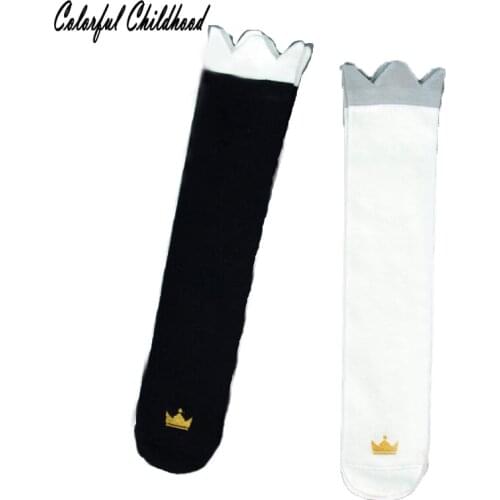 Children Girls Long socks Toddler baby boys knee high socks black/white crown design boot socks cotton warm kids leg warmer