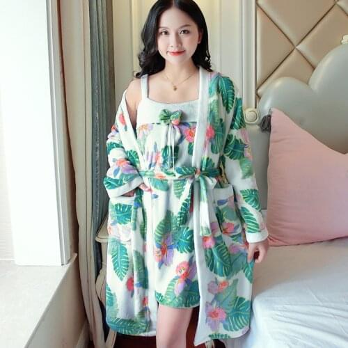2 Pcs Warm Flannel Robe Set Winter Floral Robe Thicken Sexy Nightgowns Bathrobe Women Pajamas Bath Flannel Robe Sleepwear Womens