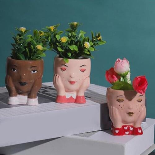 Ceramic Face Flower Pot Plant Pot Head Face Planter Figurines Succulent Cactus Desktop Decoration for Home