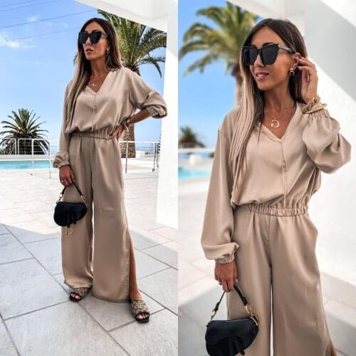 Tracksuit women Outfits Summer Chiffon Soft Crop top + Pants Suits Solid Mujer Lady Suit Loose Split Sets outfit Vetement Femme