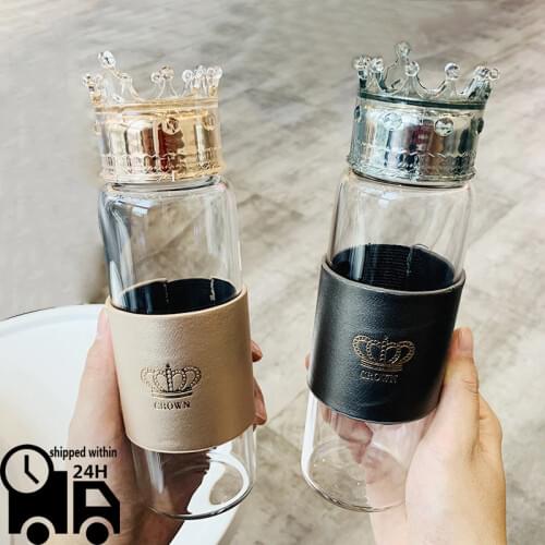 Fashion Glass Water Bottle Cup With Crown Lid Body Cover Heat Resistant New Arrival