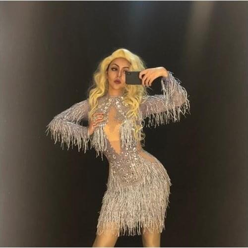 Fashion Sexy Shining Tassel Perspective Dress Women Birthday Celebrate See Through Mesh Dress Gray Fringes Costume Dance