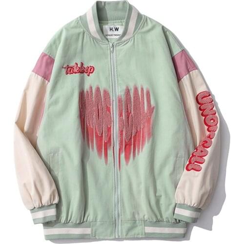 Baseball Uniform Men Retro Heart Letter Embroidered Patchwork Jacket 2021 Loose Oversize Couple Bomber Jacket Varsity Unisex