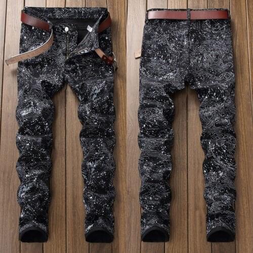 2021 Men’s Slim-fit Drawing Print Stretch Denim Pants,Street Fashion& Night Club Cool Style Jeans,Youth Fashion Must