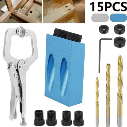 15pcs Pocket Hole Jig Kit 15 Degree Angle Drill Guide Set Woodworking Pocket Hole Jig 6mm 8mm 10mm Puncher Locator Jig Drill Bit