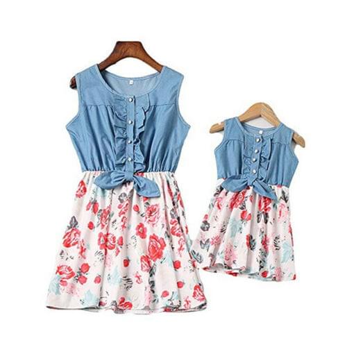 Mother&Daughter Family Matching Outfit Casual Denim Stitching Dress Sleeveless Floral Print Dress O-neck Bowknot Patchwork Dress