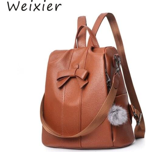 WEIXIER Backpacks For Women PU Leather Backpack Fashion Female School Bags For Teenage Girl Back Pack Mochila Mujer Brown V1-26
