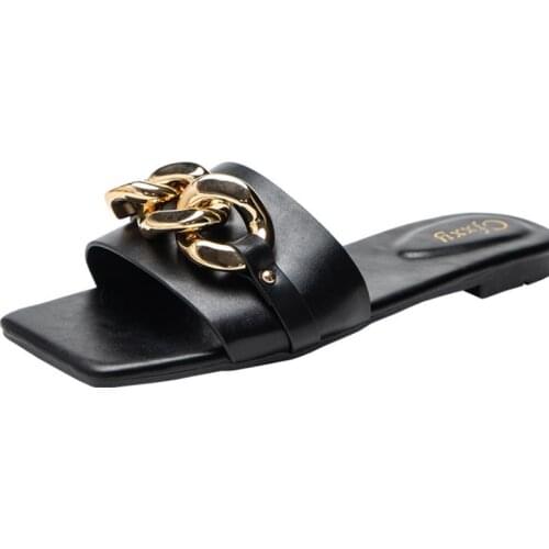 New Women Slippers Causal Ladies Square Toe Flat Outdoor Slides Fashion Metal Decoration Female Shoes Open Toe Beach Woman Shoes