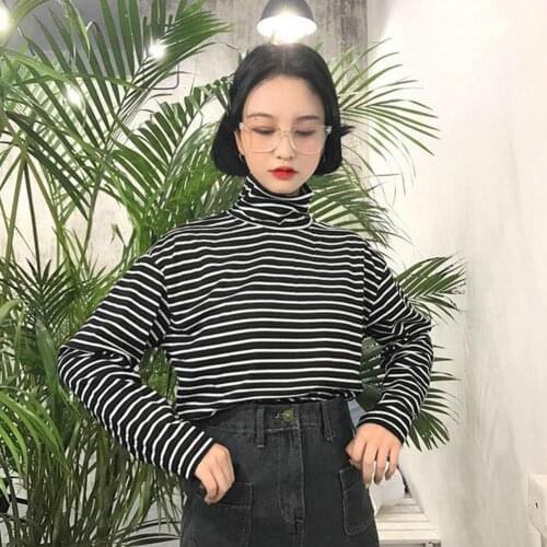 T-shirts Women Long Sleeve Loose Striped Solid Turtleneck Womens T-shirt All-match Simple Leisure Style Trendy Chic Soft