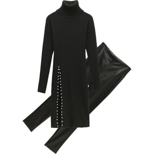 2 piece womens high collar sweater womens new winter Korean fashion beaded bottom knit sweater leather pants ladies suit fall