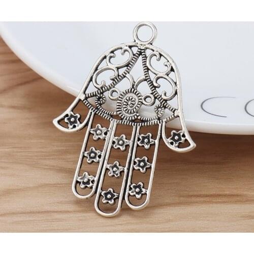 10 Pieces Tibetan Silver Hamsa Hand Charms Pendants for Necklace Jewellery Making Accessories 53x40mm