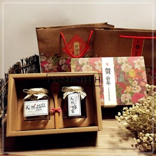 50pcs Flower Design Paper Gift Box For 2*200ML Glass Bottles Jam/Honey/Sauce/Pudding Packaging Box Gift Boxes