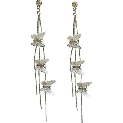 8.8 cm Long Korean Silver Color Line Tassle Drop Earrings For Women Japanese Girls three Flying Butterfly Earrings For Wedding
