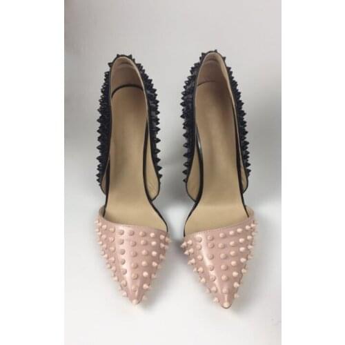 ASHIOFU Hot Sale Real Photos Womens Handmade High Heel Pumps Black&Pink Party Dress Shoes Rivets Spikes Evening Fashion Shoes