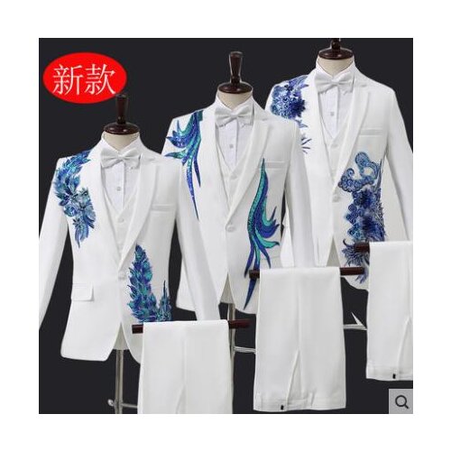 White blazer men groom suit set with pants mens suits applique Sequin embroidery costume singer stage clothing formal dress