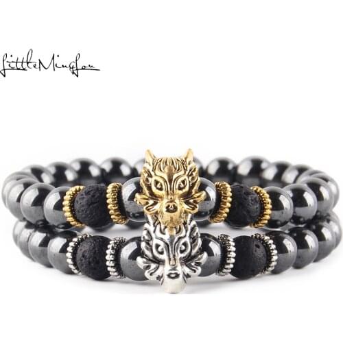 Natural stone Hematite lava Black Beads Golden Wolf Panther Crown Sparta Charm Bracelet for Women Men bracelets bangles Jewelry