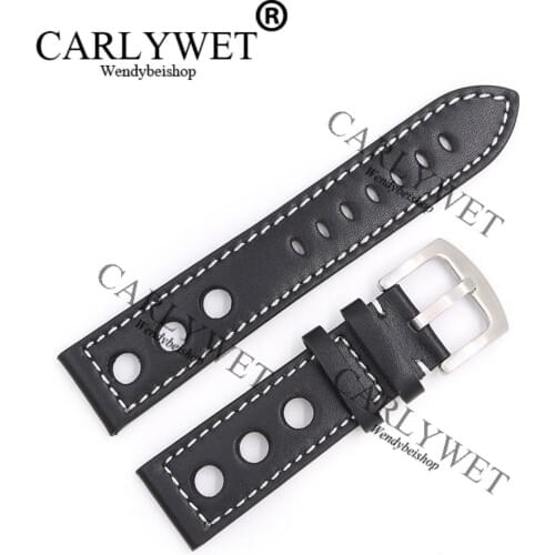 CARLYWET 22mm Real Calf Leather Handmade Black with White Stitches Wrist Watch Band Strap Belt Clasp