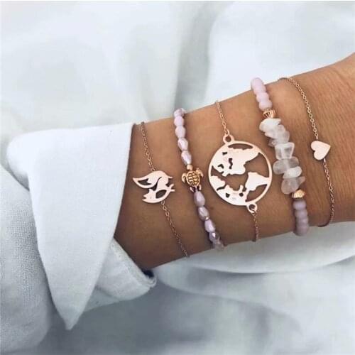 HOCOLE Fashion Stone Bead Bracelet Set For Women Bohemian Gold Color Heart Map Chain Gold Bracelets Party Jewelry Gift Wholesale