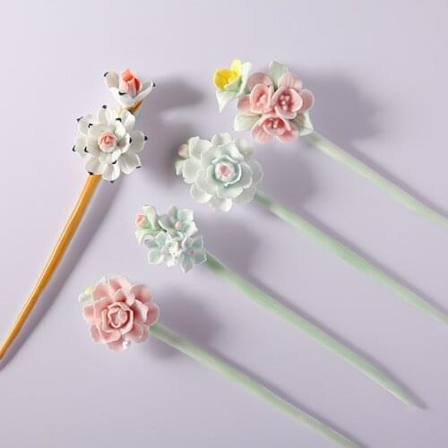 Classical Handmade Ceramic Flower Simple Vintage Women Hair Stick Jewelry Chinese Style Hairpin Gift Hair Jewelry Accessories