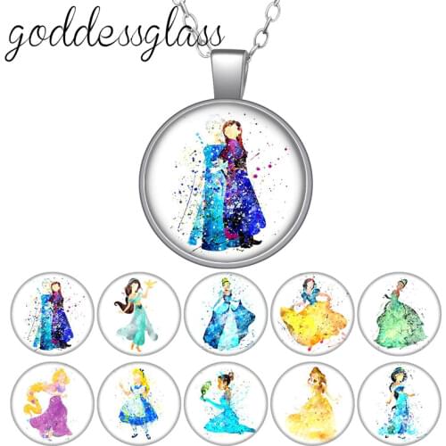 Disney Princesses Elsa Anna Belle Mikcey Round Glass glass cabochon silver plated/Crystal pendant necklace jewelry for Gift