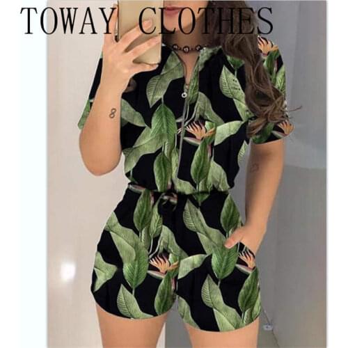 Summer Women Short Sleeve Leaf Print Zipper Pocket Design Romper Chic Causal One Piece