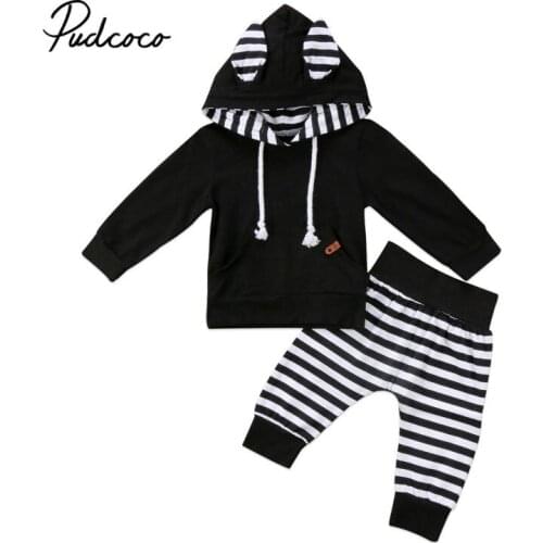 2020 fashion baby boy clothes cotton long sleeve striped 3D ear hooded sweatshirts+pants 2pcs tracksuit baby girl clothing set