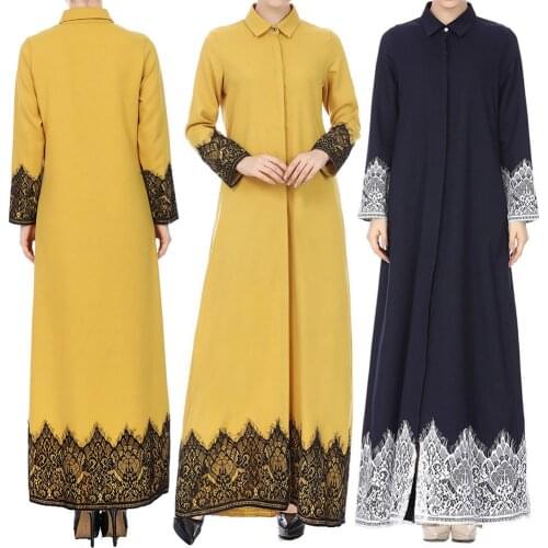 Muslim Women Lace Trimmed Front Abaya Muslim Maxi Kaftan Kimono Jalabiya Turkish Dresses Diamond Gown Islam