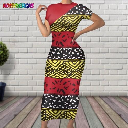 NOISYDESIGNS Womens Elegant Chic Red Party Slim Fit Dresses Multi-Strip African Tribal Print Short Sleeve Design Bodycon Dress
