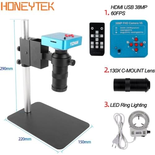 New 1080P HDMI VGA Digital Microscope For Electronic Soldering 130X 38MP Microscope Camera USB LED Ring Light PCB Board Repair