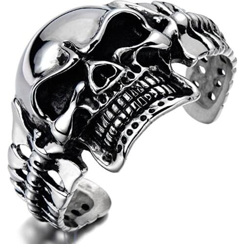 Huge & Heavy Stainless Steel Skull Bangle Rock Punk Biker Bangle Bracelet For Men Gothic Cool Big Evil Demon Skeleton Jewelry
