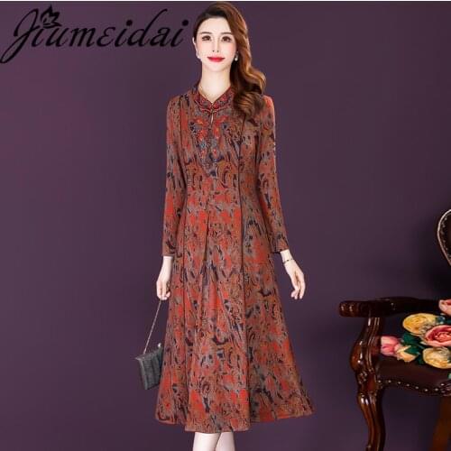JiuMeiDai 2021 Women Autumn Elegant A-Line Dress Office Lady Retro Print Robe Femme Vintage Designer Party Clothing Plus Size