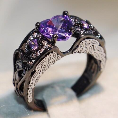 Drop shipping Luxury Jewelry Top Selling Black Gold Filled Purple Heart Shape Clear CZ Angle Wing Women Wedding Band Ring Gift