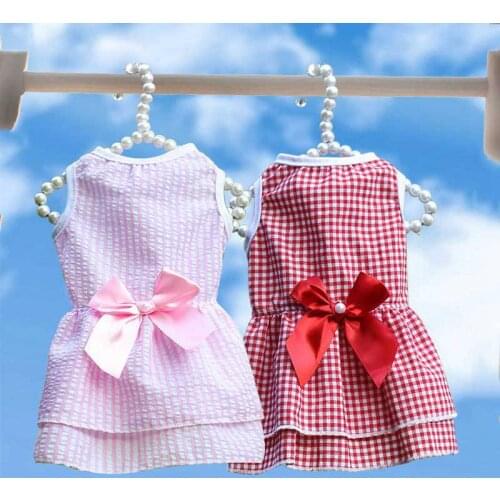 Pink Small Plaid Dog Dress For Dogs Korean Cat Clothes Skirt Party Birthday Wedding Bowknot Costume Chihuahua Pug Yorkie