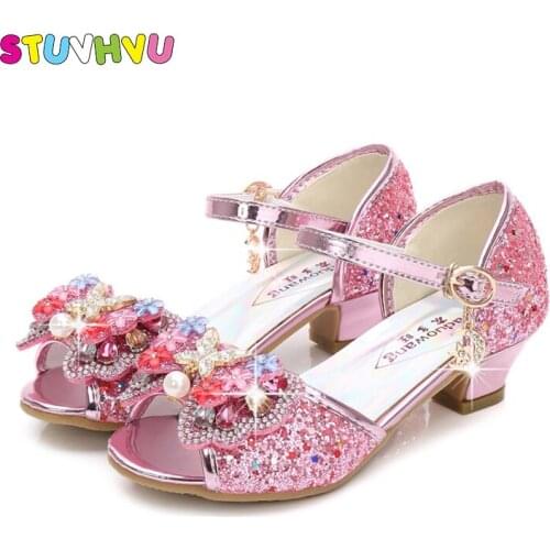 Leather Girls Princess Shoes Children Crystal Sandals Rhinestone Shoes Summer Sandals Girls High Heels Fish Mouth Kids Sandals