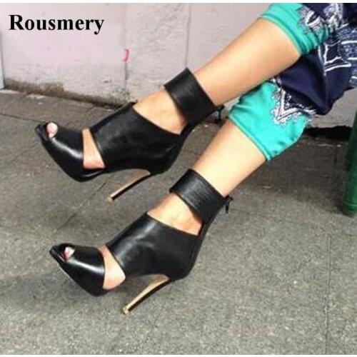 Summer Hot Selling Women Fashion Open Toe Black Leather Gladiator Sandals Ankle Wrap Cut-out High Heel Sandals
