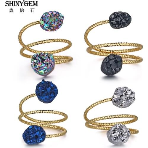 ShinyGem 5PCS Irregular Natural Sparkly Crystal Druzy Ring Charm Adjustable Gold Plating Minerals Geode Gem Stone Ring For Women
